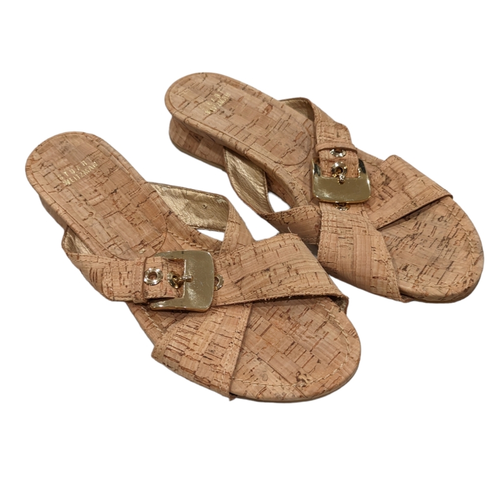 Stuart Weitzman/Cork/Wedge/Gold Sandal/Buckle/Sz 9.5